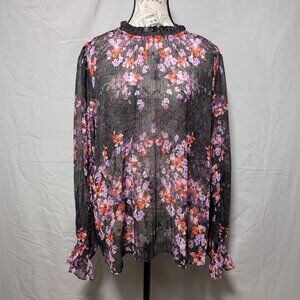 Simply Vera Vera Wang Black Floral Sheer Blouse Ruffle Mock‎ Neck Women's XL